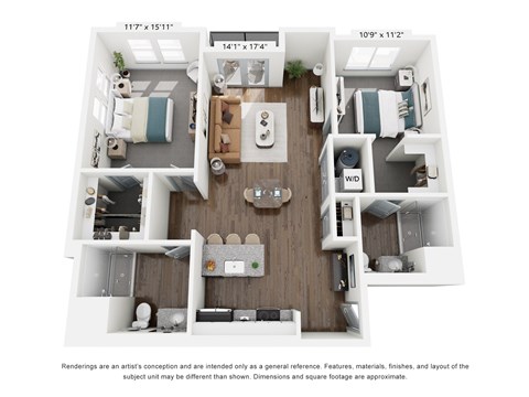 Floor plan for 2 beds, 2 baths, 1174 sqft